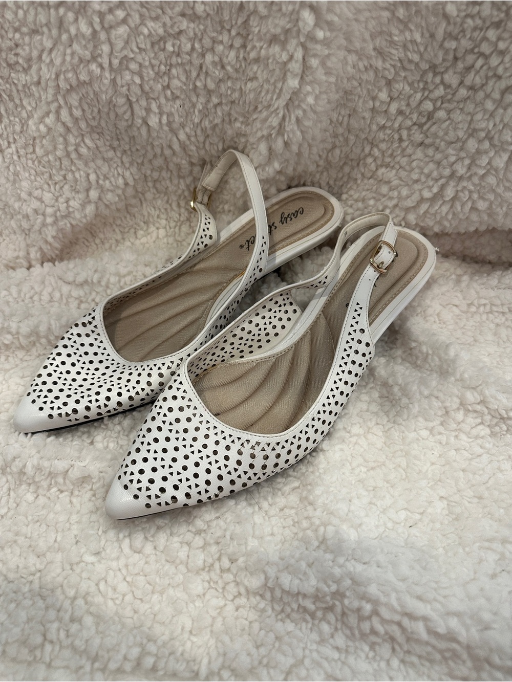 White Laser-Cut Slingback Flats - Casual Style